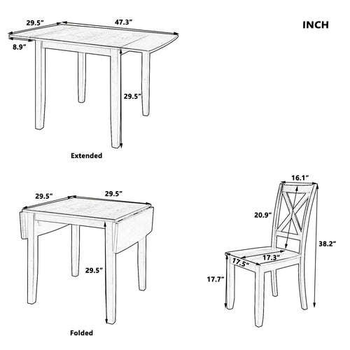 3-Piece Wood Drop Leaf Breakfast Nook Dining Table Set with 2 X-back