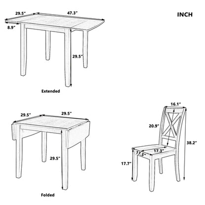 3-Piece Wood Drop Leaf Breakfast Nook Dining Table Set with 2 X-back