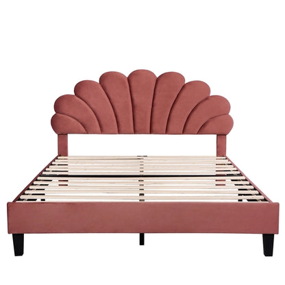Upholstered Platform Bed with Flower Pattern Velvet Headboard