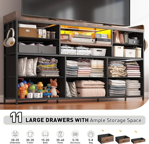 Dresser With 11 Drawers And LED Lights For Bedroom