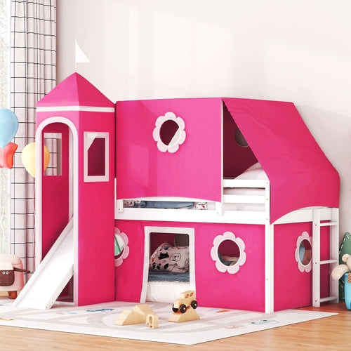 Twin Size Loft Bed with Slide Pink Tent and Tower - Pink