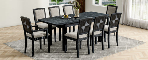 Rustic Extendable Dining Table Set with Removable Leaf, 6 Upholstered