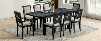 Rustic Extendable Dining Table Set with Removable Leaf, 6 Upholstered