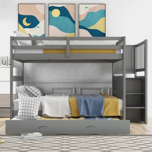 Full over Full Bunk Bed with Twin Size Trundle, Gray