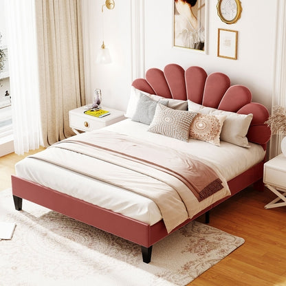 Upholstered Platform Bed with Flower Pattern Velvet Headboard