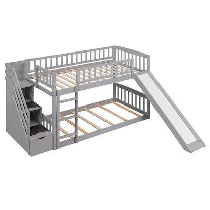 Stairway Twin over Twin Bunk Bed with Two Drawers and Slide, Gray