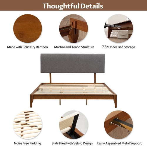 Platform Bed Brown Bamboo with Headboard for Bedroom or Guest Room