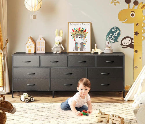 63 Inch TV Stand Dresser With 10 Fabric Drawers Black