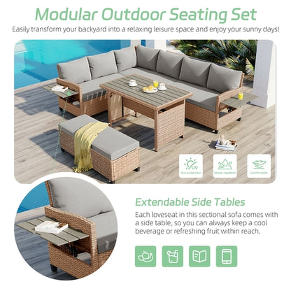 5-Piece Outdoor Patio Rattan Sofa Set, Sectional PE Wicker L-Shaped