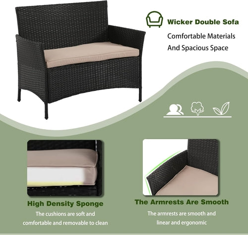 4 Piece Rattan Patio Set With Glass Table Black Cushions