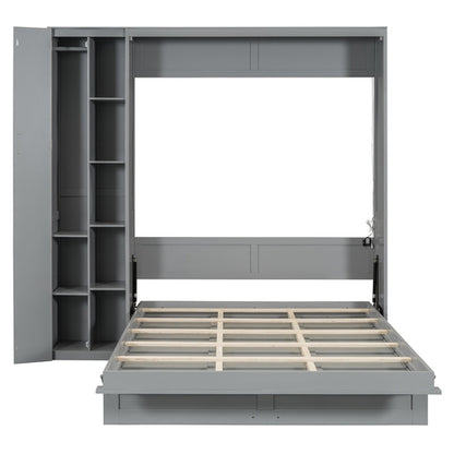 Queen Size Murphy Bed Wall Bed with Shelves, Wardrobe and LED Lights