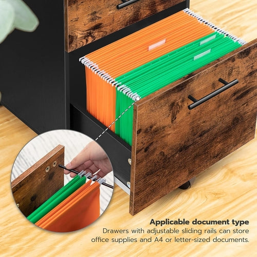 Wooden Three Drawer File Cabinet Under Desk Fits A4 Letter Size Rustic