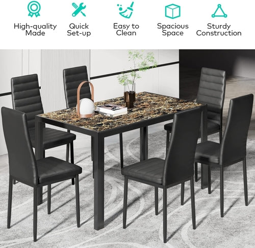 Glass Dining Table Set For 6 With PU Leather Chairs 7 Piece