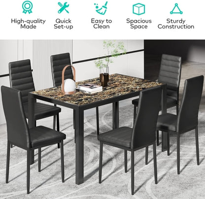 Glass Dining Table Set For 6 With PU Leather Chairs 7 Piece