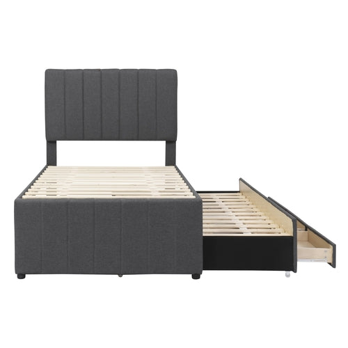 Platform Bed Twin Gray and Beige Linen Upholstered with Trundle and