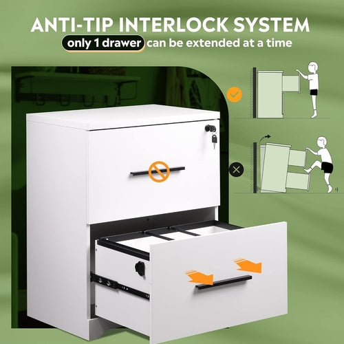 2 Drawer White Wood Lateral File Cabinet With Lock For Office Or Home