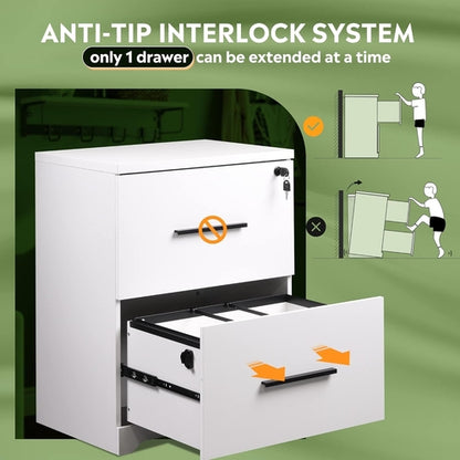 2 Drawer White Wood Lateral File Cabinet With Lock For Office Or Home