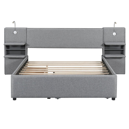Queen Size Upholstered Platform Bed with Reading Lights, Drawers,