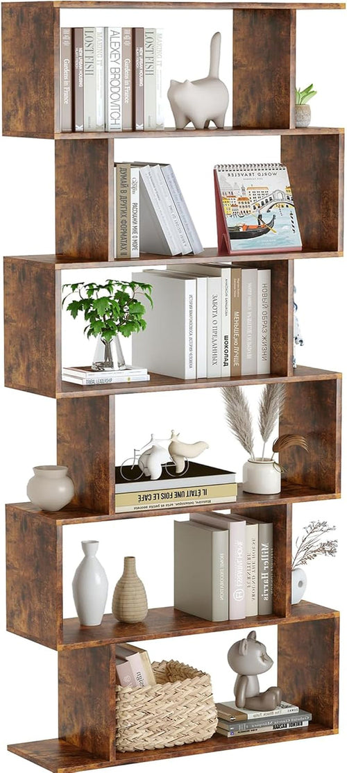Geometric Bookcase 6 Tier S Shaped Rustic Brown Wood Shelf