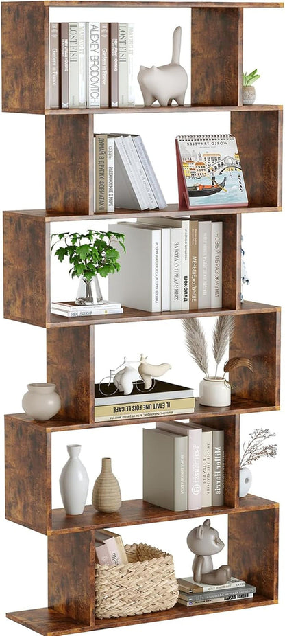 Geometric Bookcase 6 Tier S Shaped Rustic Brown Wood Shelf