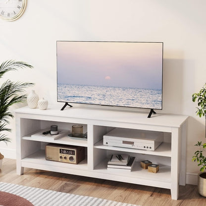 65 Inch TV Stand With Open Storage Shelves White Cabinet