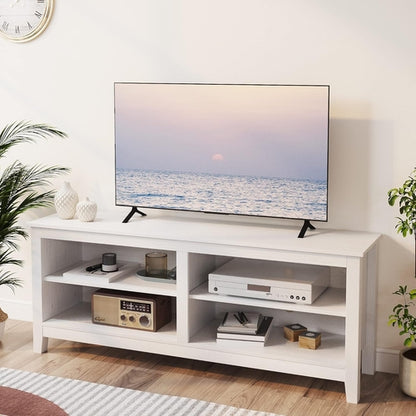 65 Inch TV Stand With Open Storage Shelves White Cabinet