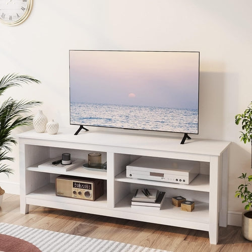 65 Inch TV Stand With Open Storage Shelves White Cabinet