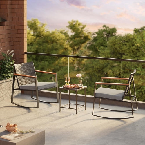 Outdoor Rocking Bistro Set With Cushions And Glass Table