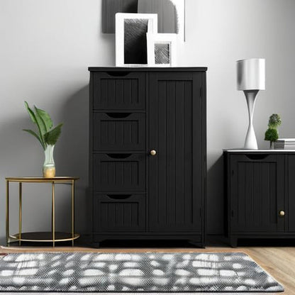 Wooden Bathroom Floor Storage Cabinet With 4 Drawers And Cupboard