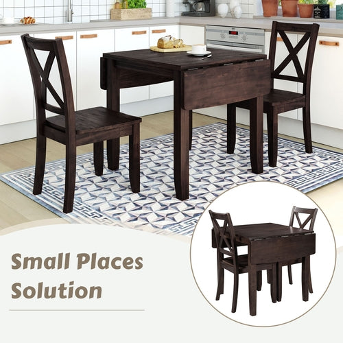 3-Piece Wood Drop Leaf Breakfast Nook Dining Table Set with 2 X-back