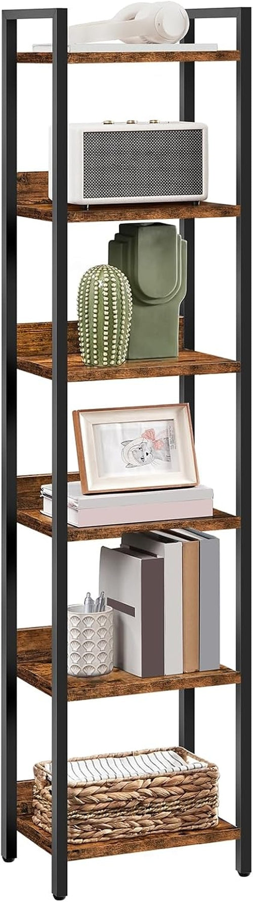 Six Tier Standing Bookcase In Rustic Brown And Black For Small Spaces