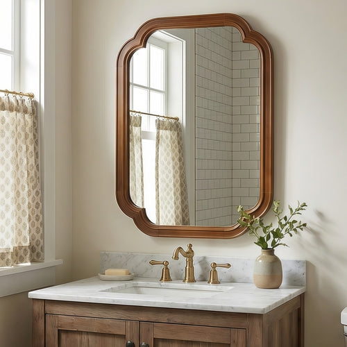 Solid Wood Frame Rounded Corner Decorative Mirror, For Bedroom,