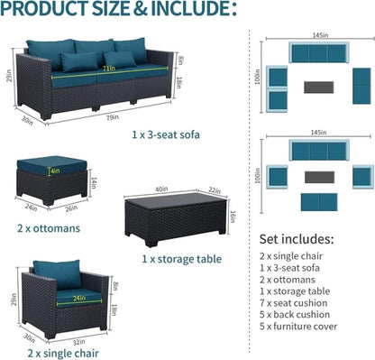 Patio Furniture Set 6 Pieces Peacock Blue Cushions Included