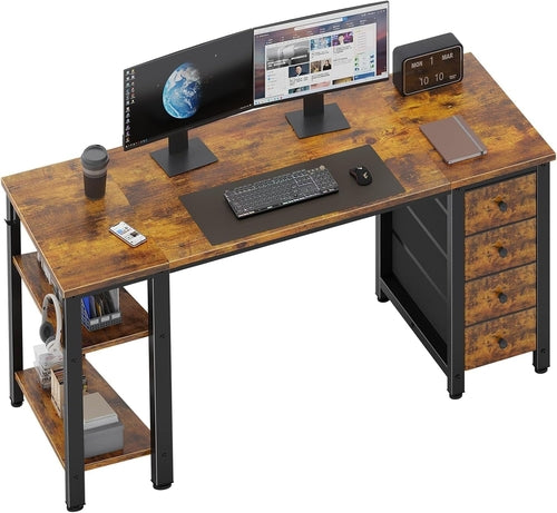 55 Inch Rustic Brown Computer Desk With 4 Fabric Drawers
