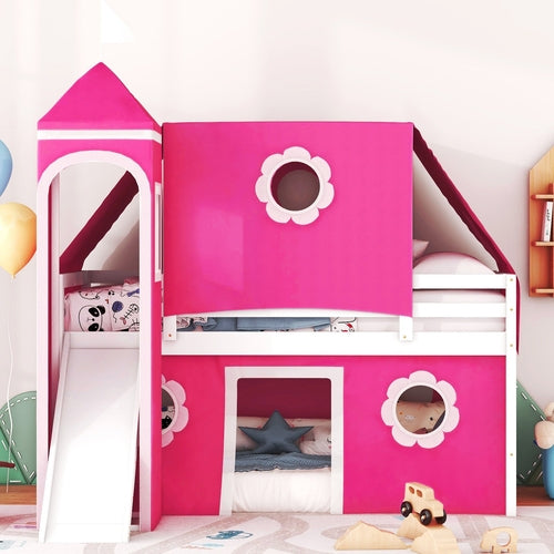 Loft Bed Twin Pink Solid Wood and MDF with Slide and Storage for