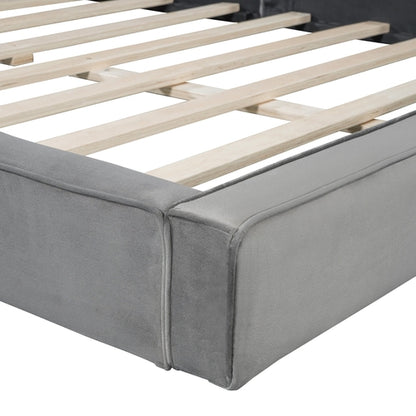 Queen Size Upholstered Platform Bed with Velvet Fabric, Grounded Bed