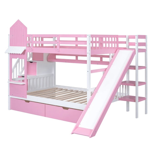 Full-Over-Full Castle Style Bunk Bed with 2 Drawers, 3 Shelves and