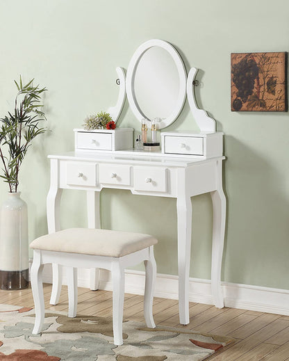 Ashley Wood Vanity Table And Stool Set With Beige Upholstery And Five