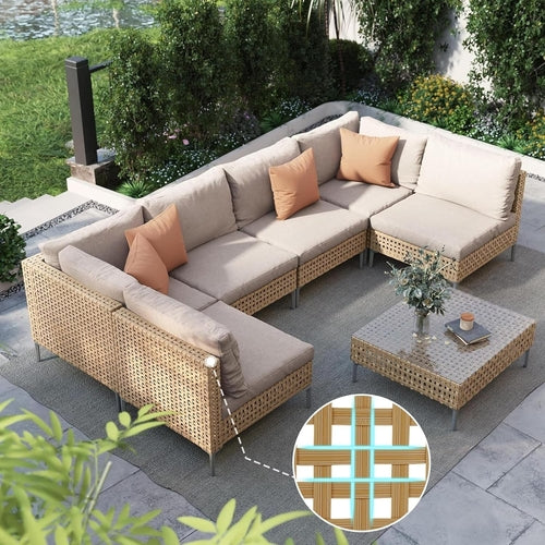 7 Piece Wicker Patio Set Water Resistant Cushions Beige