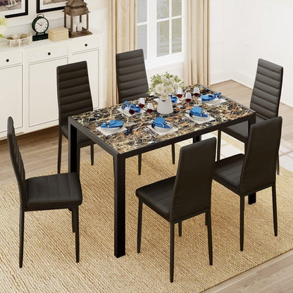Glass Dining Table Set For 6 With PU Leather Chairs 7 Piece