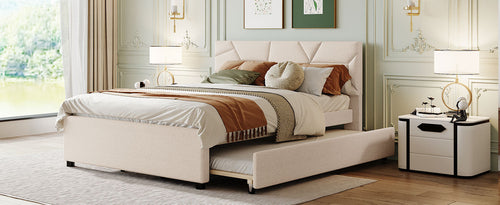 Queen Size Upholstered Platform Bed with Brick Pattern Headboard and