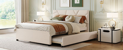 Queen Size Upholstered Platform Bed with Brick Pattern Headboard and
