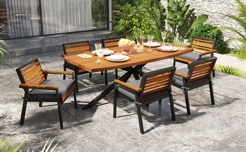 Modern 7-Piece Dining Set, Acacia Wood with Iron Frame, 6 Chairs with