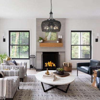 5-Light Black Rattan Chandelier Farmhouse Dining Room