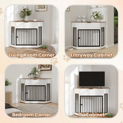44.6" Corner Dog Crate Furniture with Fluted Drawer – MDF Wooden Dog