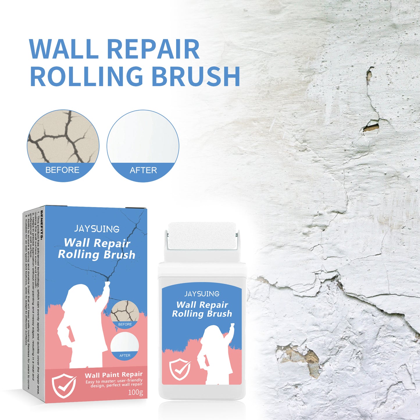 Wall Repair Rolling Brush, Graffiti Cover Wall Mildew Cracks Maintenance Renovation Household Wall Rolling Brush