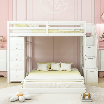 Twin Over Full Bunk Bed with 3-layer Shelves, Drawers and Storage