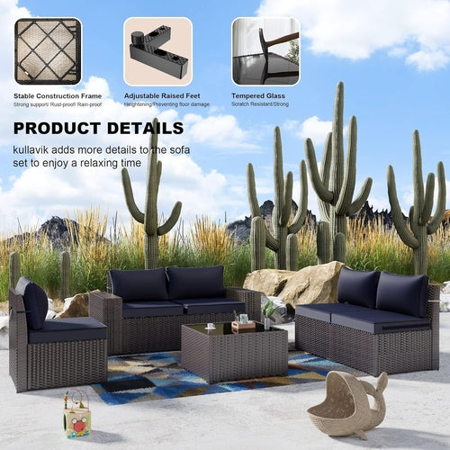 Navy Blue 6 Piece Outdoor Patio Sectional Sofa Set With PE Rattan
