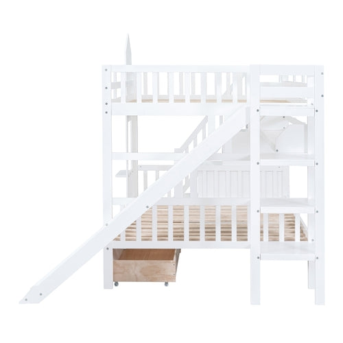 Full-Over-Full Castle Style Bunk Bed with 2 Drawers, 3 Shelves and