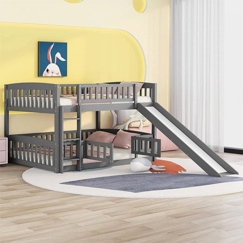 Gray Bunk Bed With Slide And Ladder For Kids Bedroom